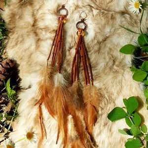 Handmade flowy feather long boho earrings
